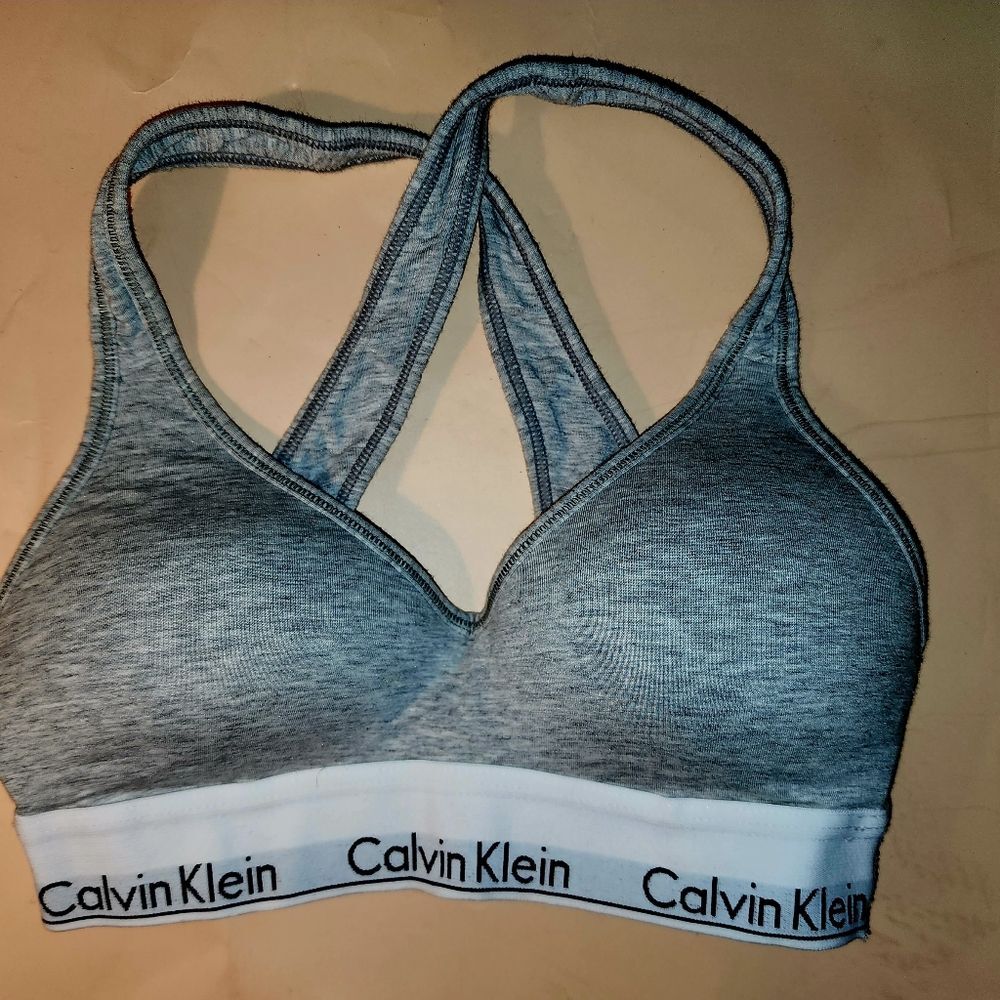 Calvin Klein Gray Sports Bra with Crisscross Straps and Logo Band
